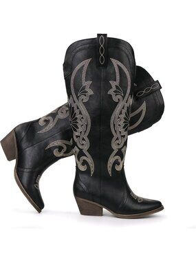 Women’s Black Knee High Cowboy Boots Pointed Toe Embroidered Block Heel